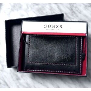 GUESS Men's Black Bifold Wallet Solid Logo Accent Credit Card Slots Folding NEW
